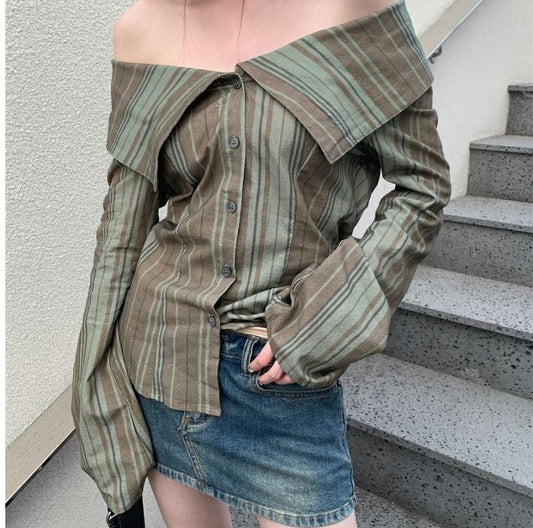 Olive Stripe Off Shoulder Top