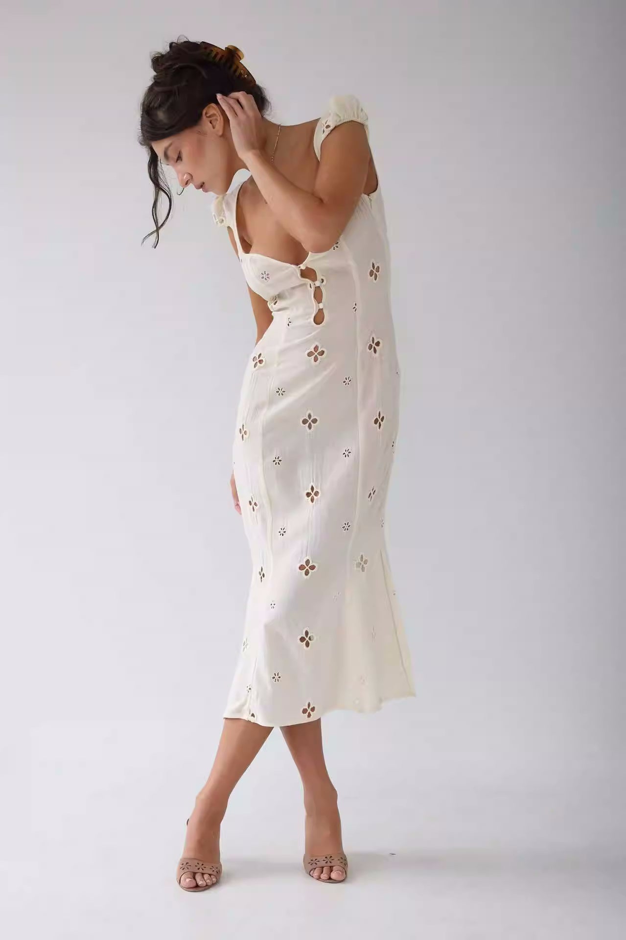 Ivory Floral Embroidered Midi Dress