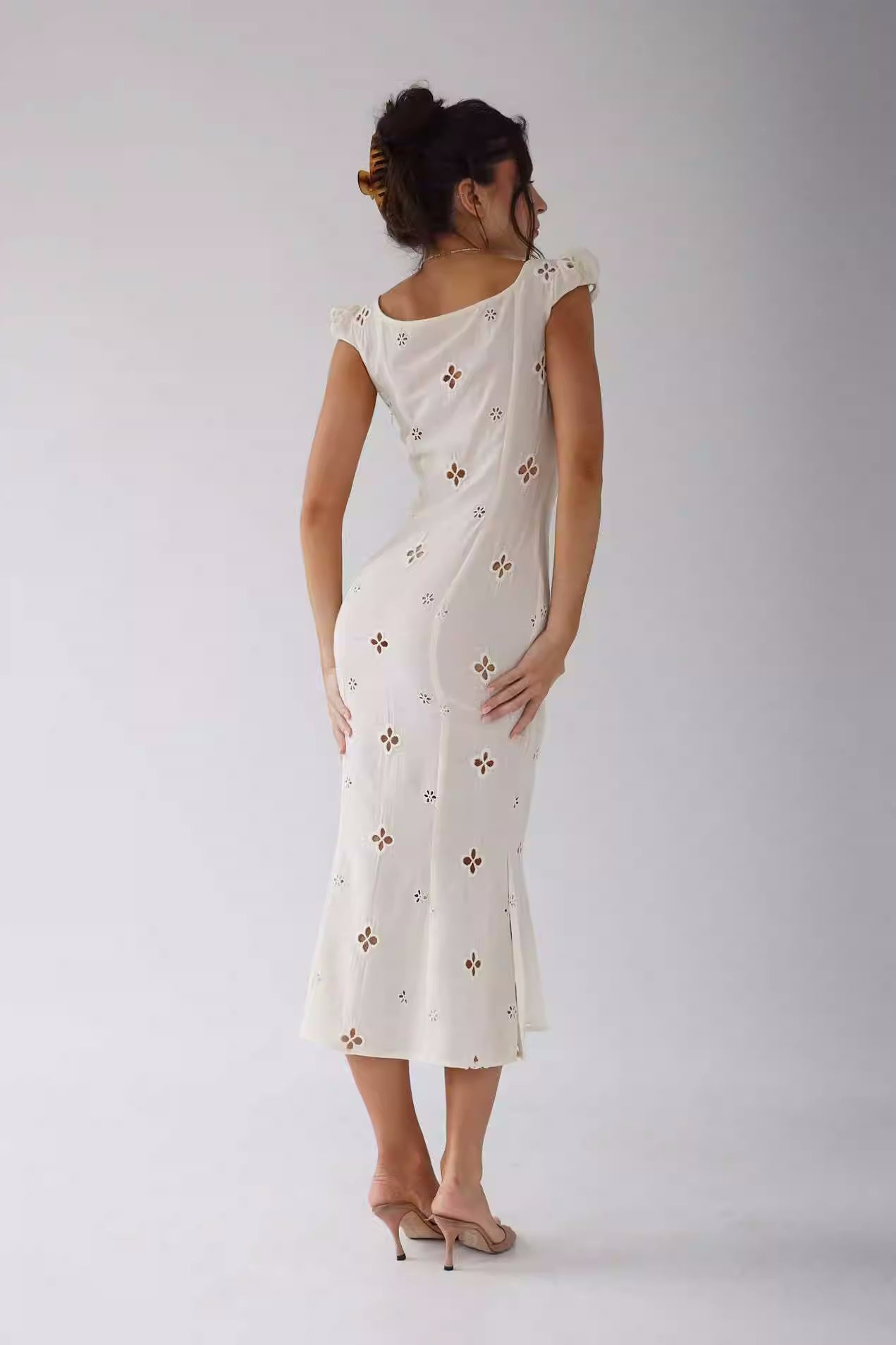 Ivory Floral Embroidered Midi Dress