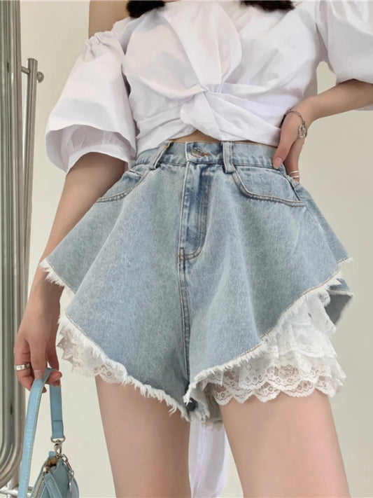 Grace Denim Lace-Trim Shorts