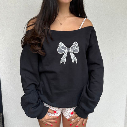 Lace Bow Off-Shoulder Sweatshirt