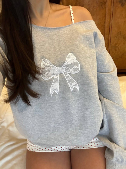 Lace Bow Off-Shoulder Sweatshirt