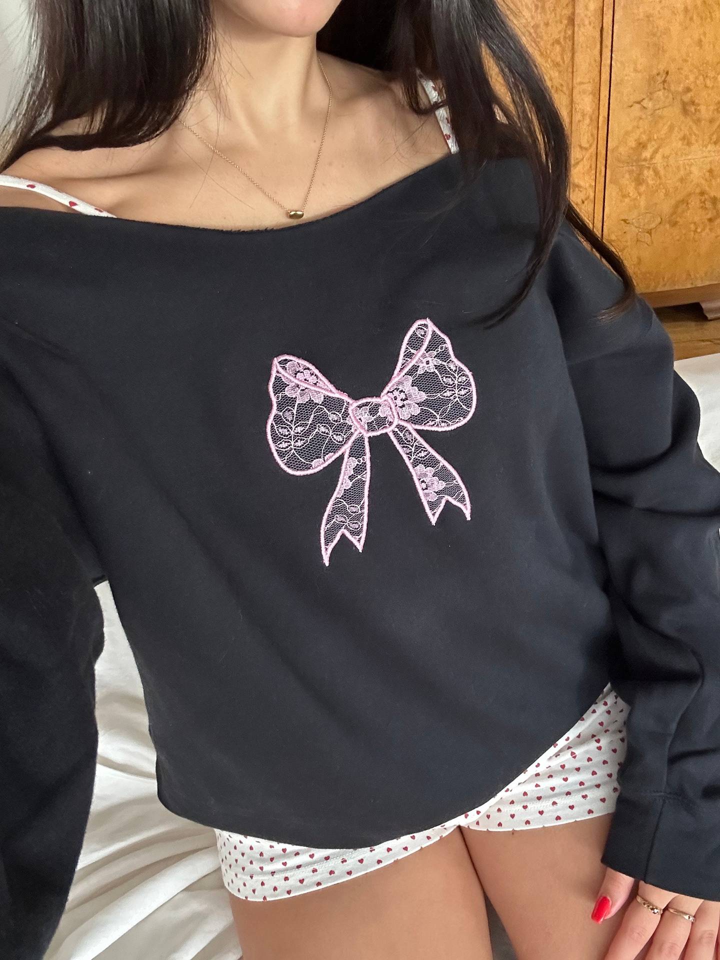 Lace Bow Off-Shoulder Sweatshirt