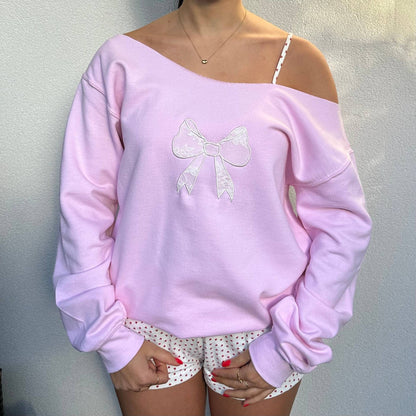 Lace Bow Off-Shoulder Sweatshirt