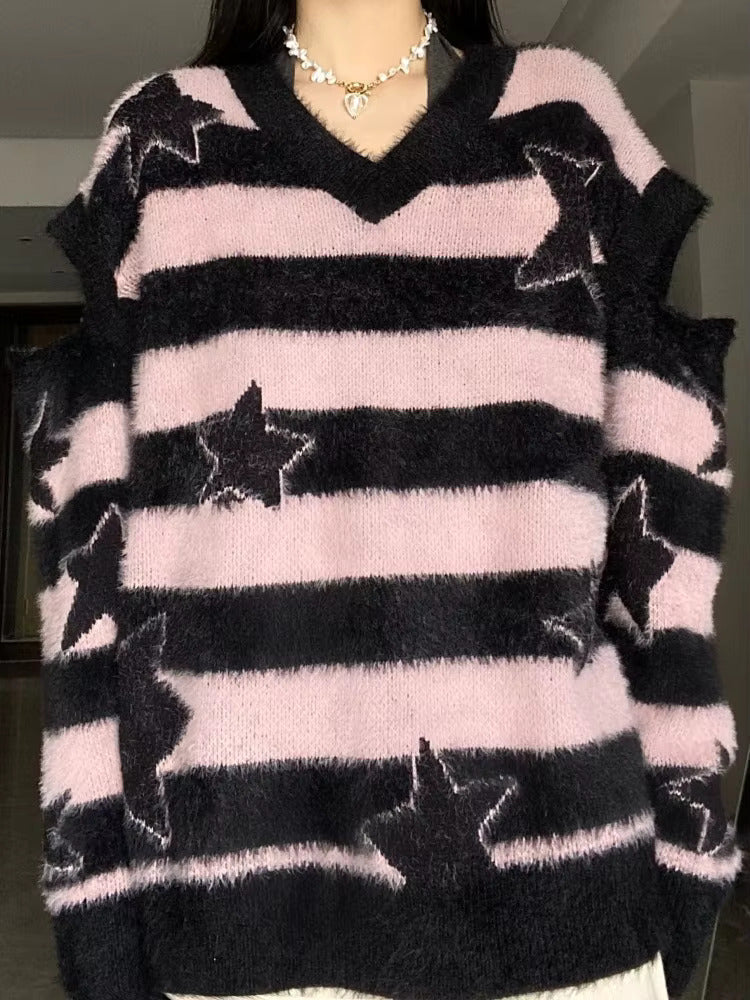 Starry Striped Cutout Sweater