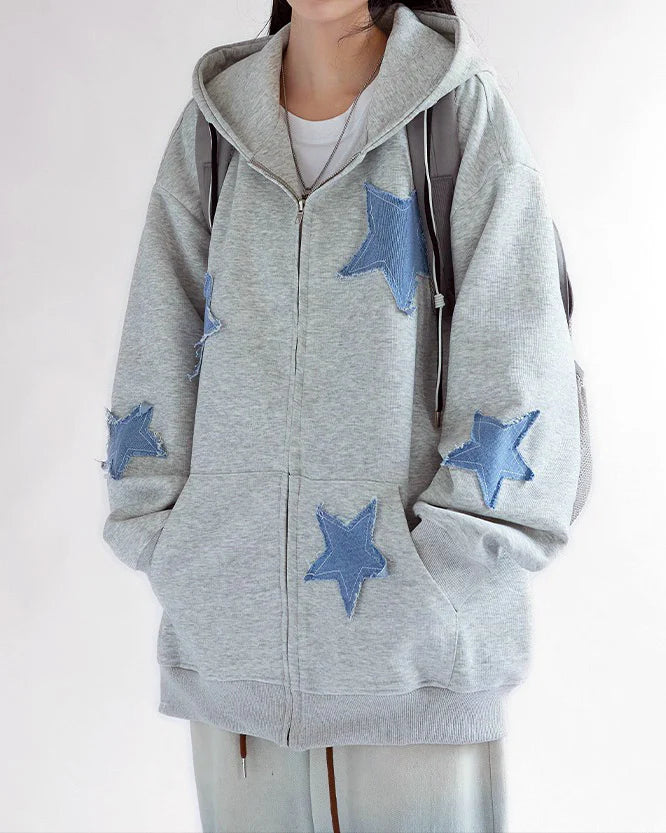 Star Patch Zip Up Hoodie