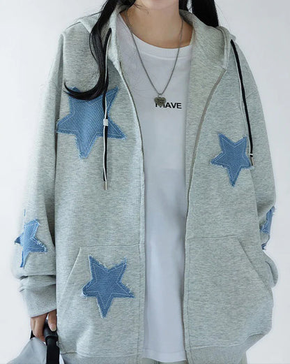 Star Patch Zip Up Hoodie