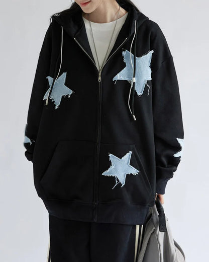 Star Patch Zip Up Hoodie