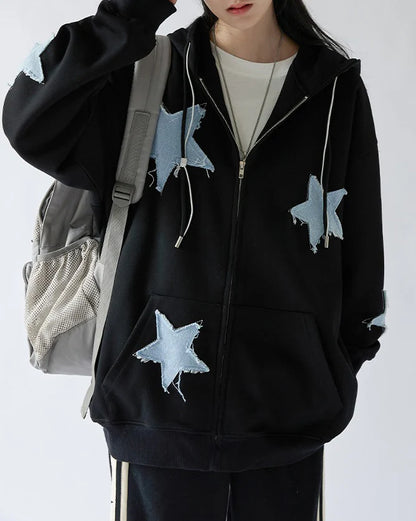 Star Patch Zip Up Hoodie