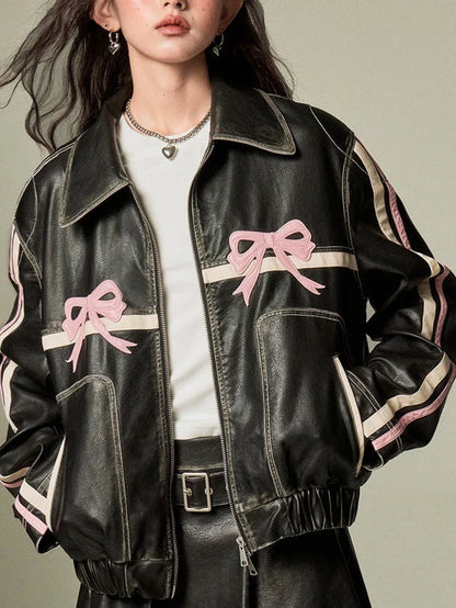 Bow-Embellished Leather Jacket