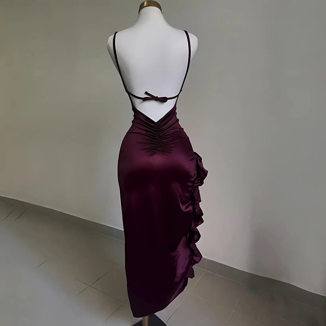 Burgundy Ruffled Satin Dress