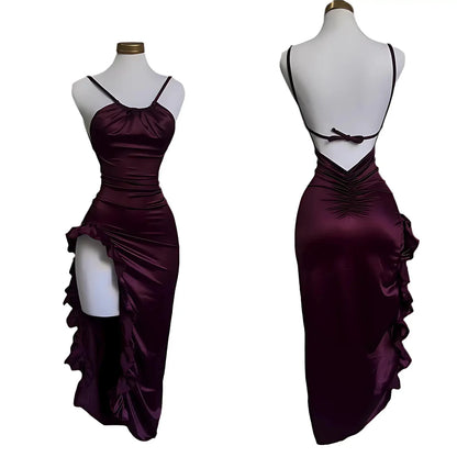 Burgundy Ruffled Satin Dress