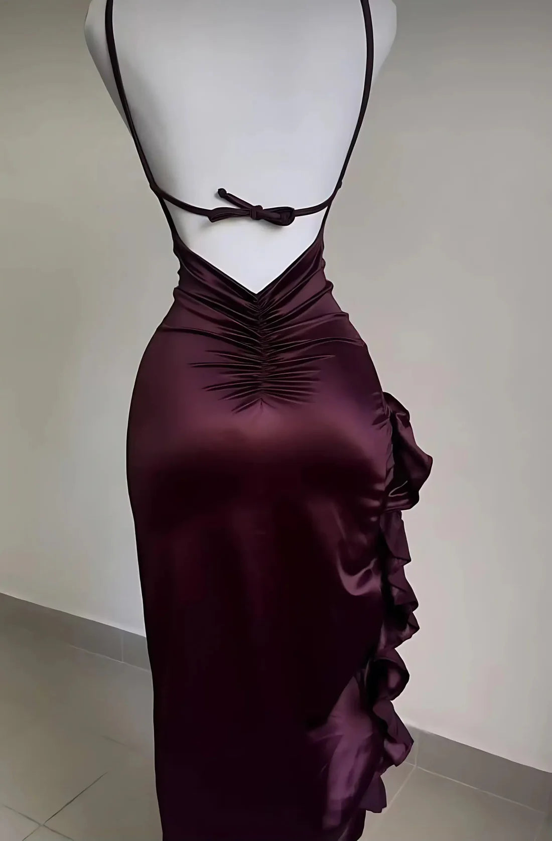 Burgundy Ruffled Satin Dress