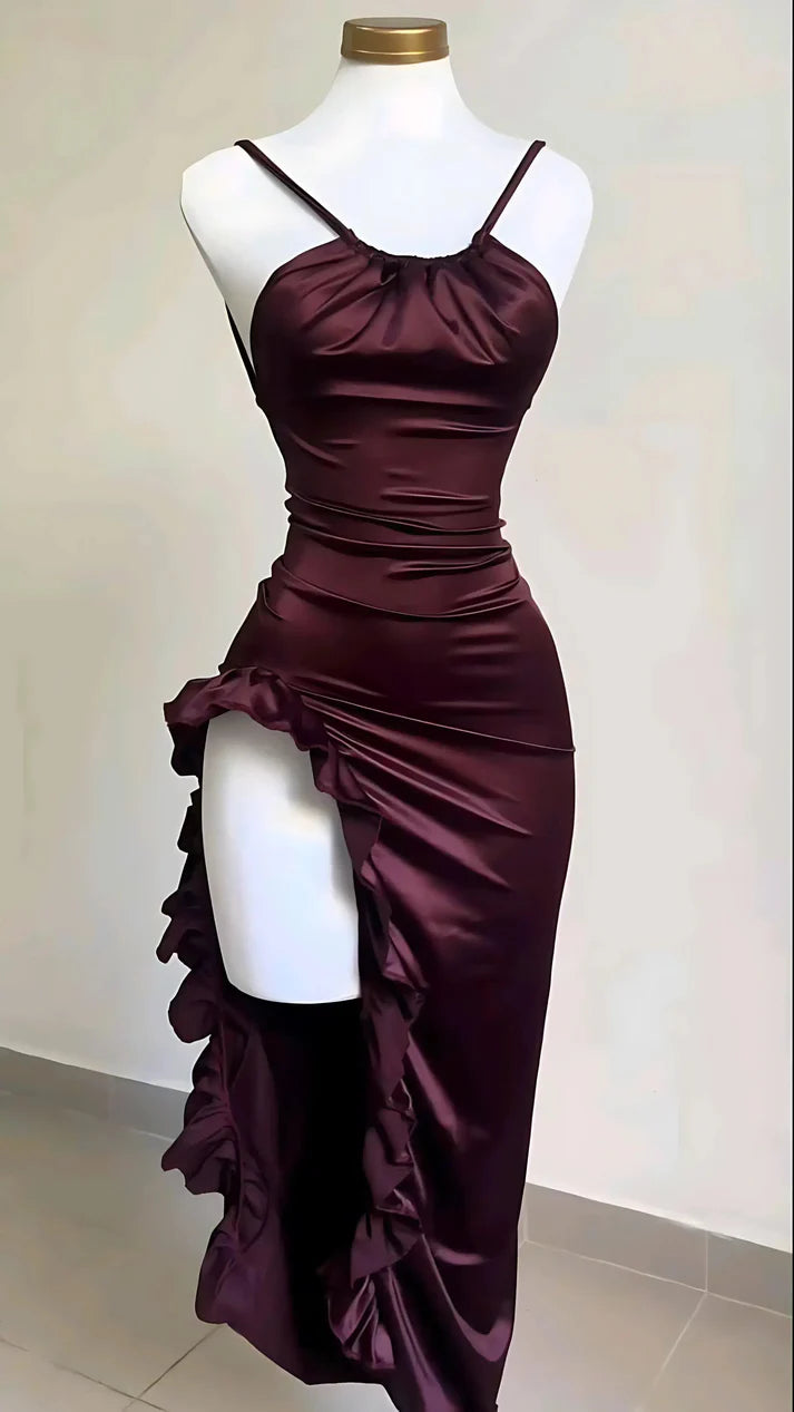 Burgundy Ruffled Satin Dress